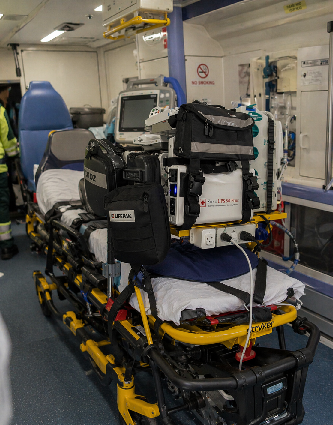 Medical transport trolley with Zopec UPS system for critical care patient mobility