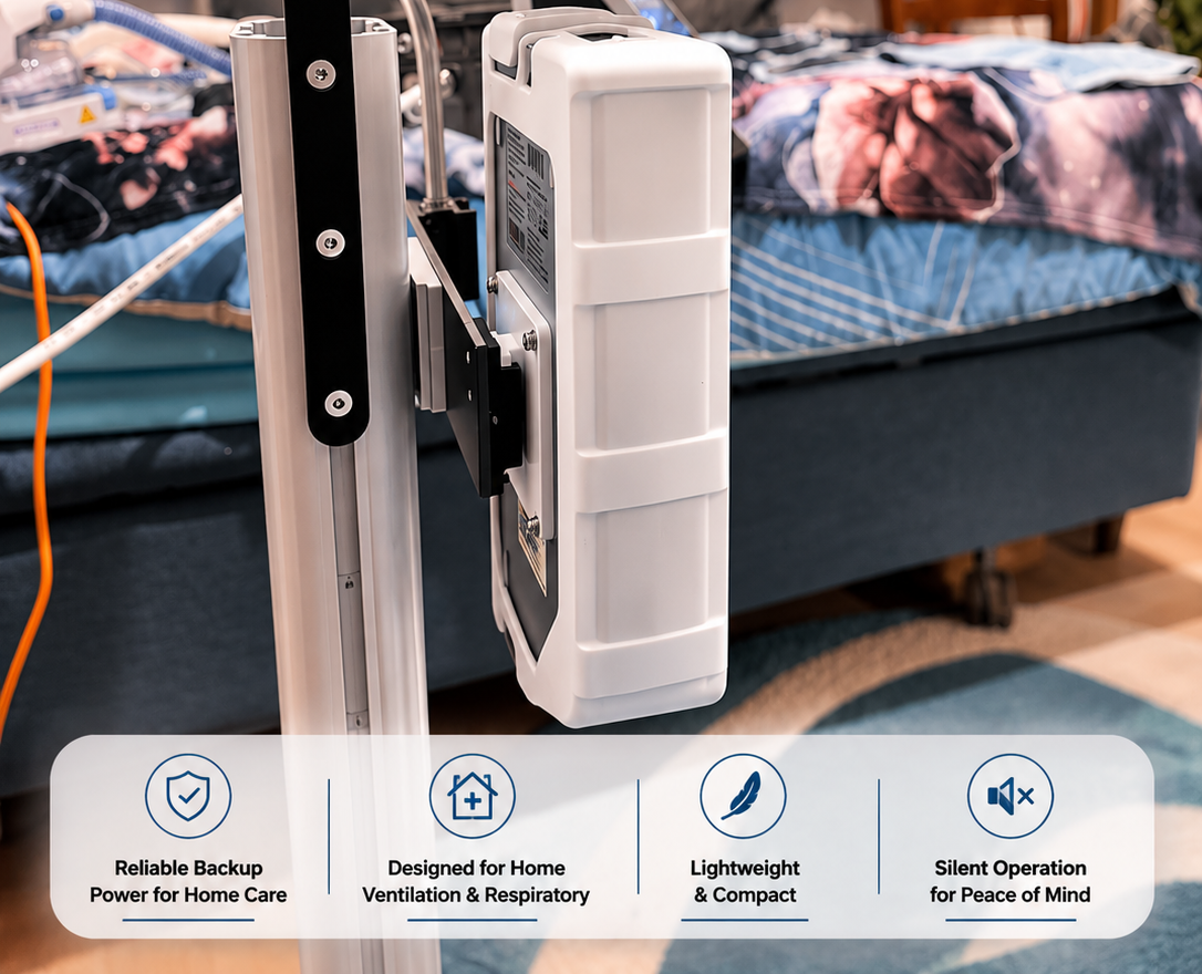 Home ventilator with Zopec medical UPS backup battery in home care environment